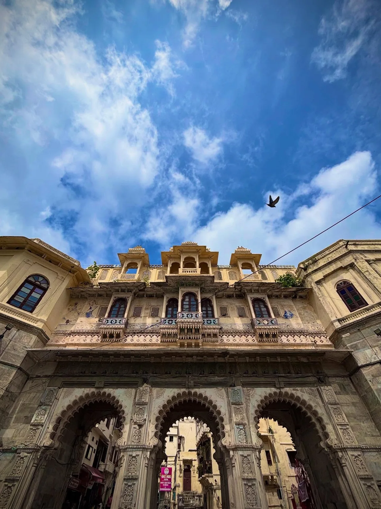 An ornate Udaipur gateway seen from below, with a pigeon against the clouds.