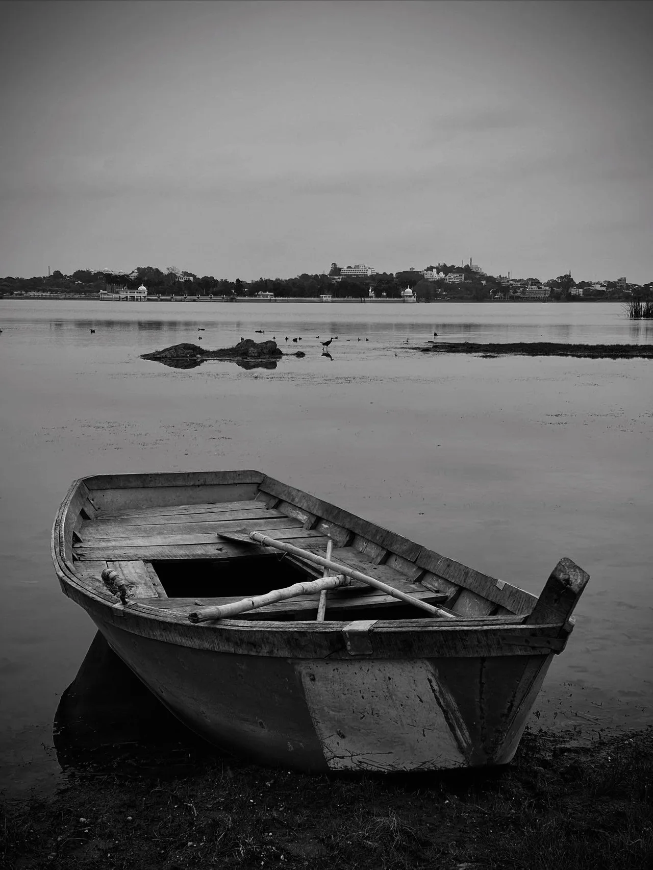 An empty wooden boat resting beside still water, in black and white.