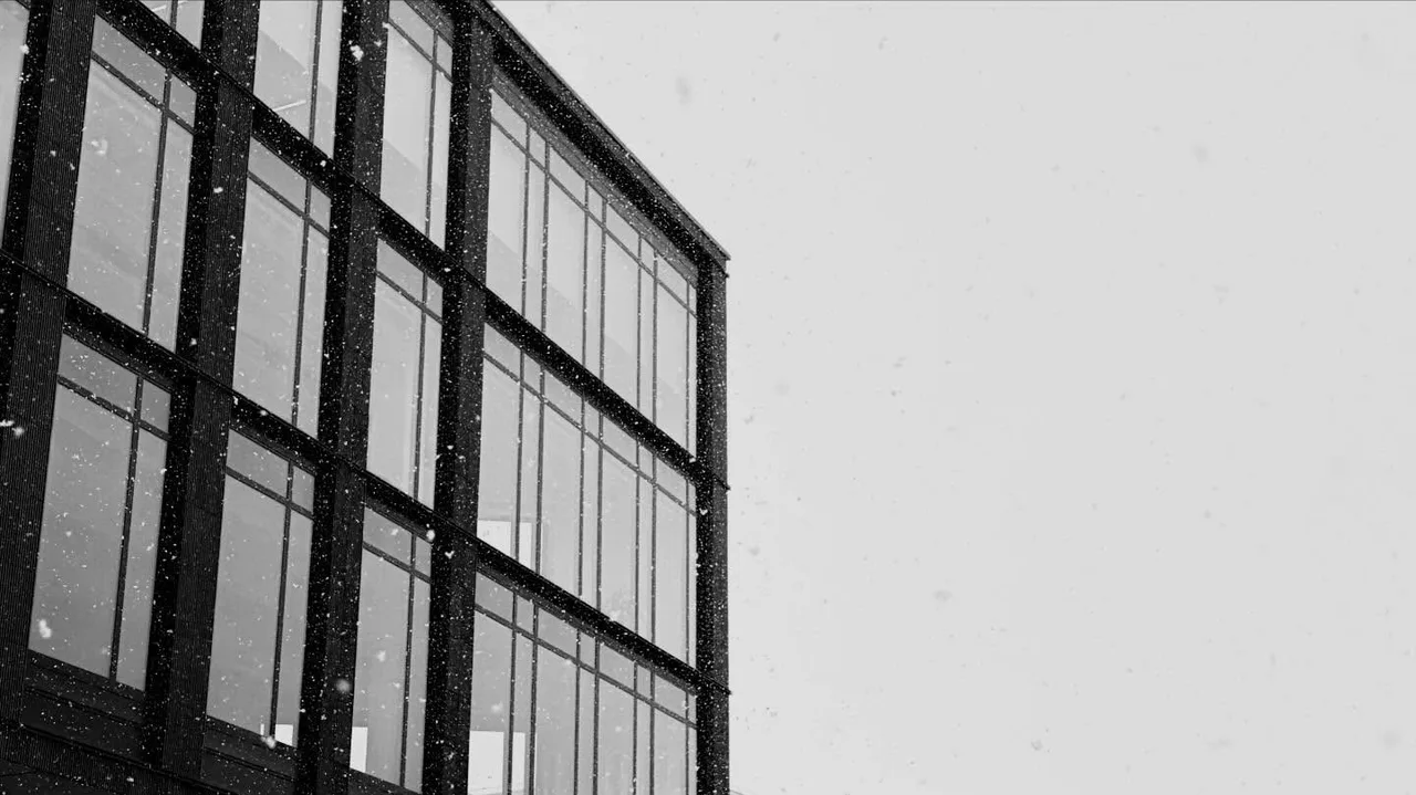 The windows and facade of a building photographed at an angle in black and white.