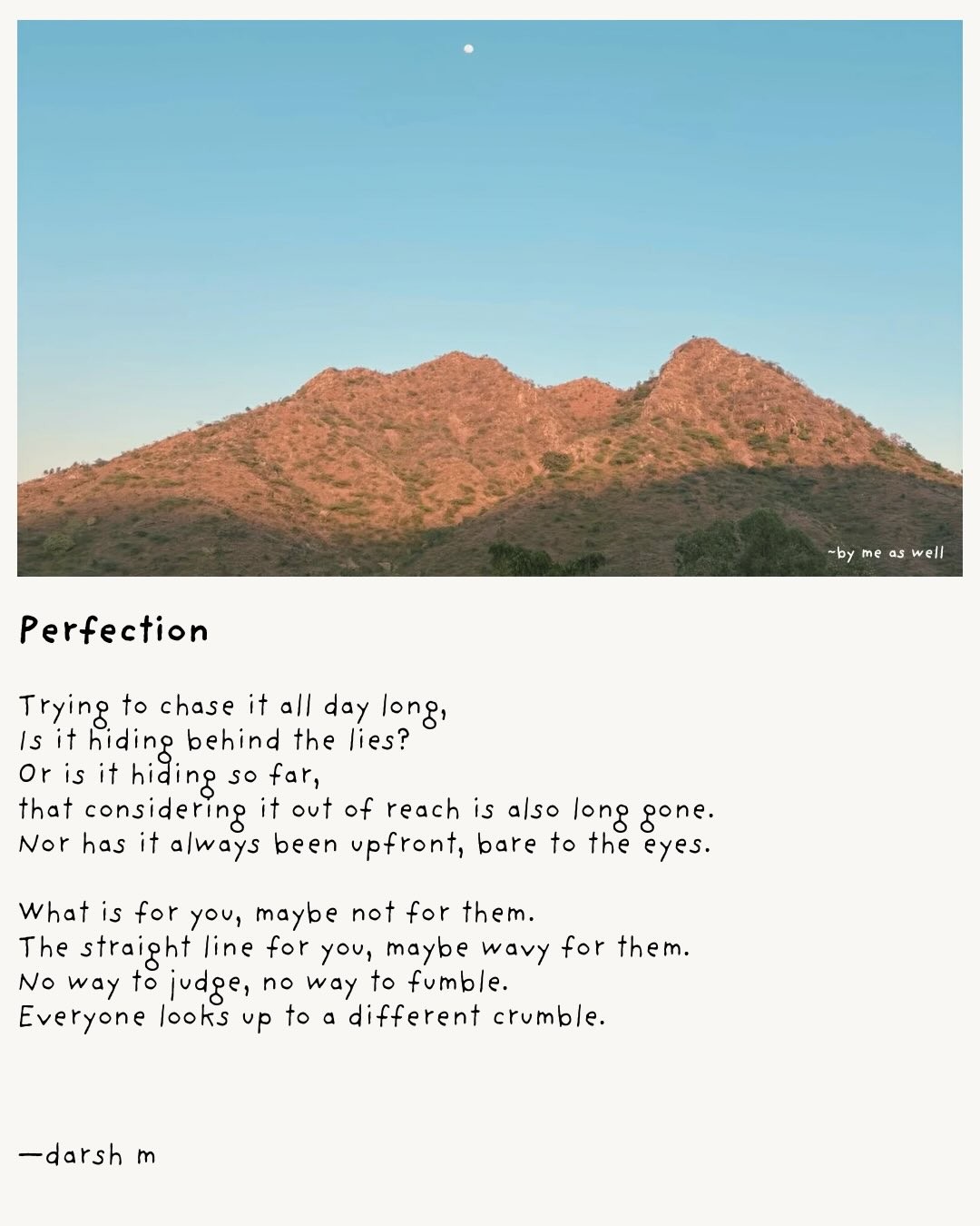The second slide of Perfection, with the poem beneath a photograph of sunlit hills.
