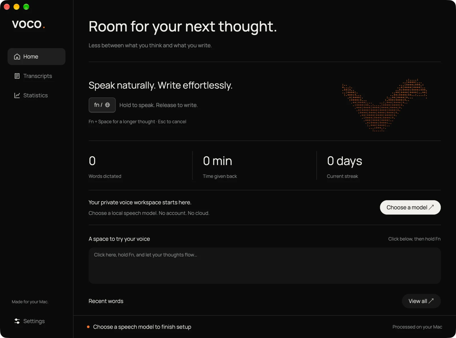 Voco dashboard with the Fn dictation shortcut, model setup, and a practice text field.